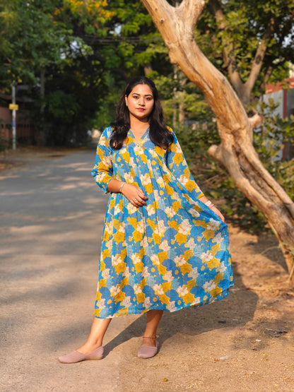 Women’s Blue Chiffon Lurex Floral Printed Flared Dress – Casual & Summer Wear