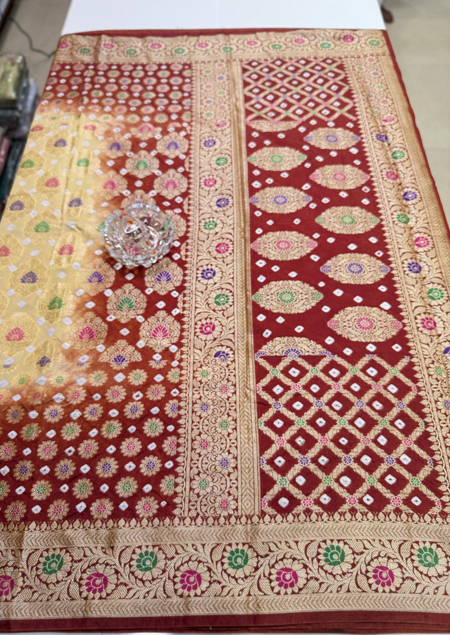 Banarasi dupiyan bandhani saree with semi-weaving neemjari work and hand chunri craftsmanship