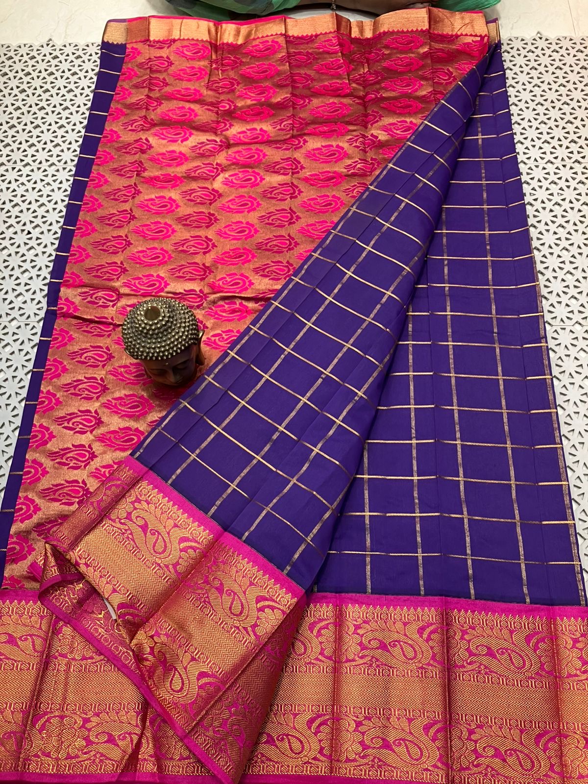 Mangalagiri Semi Pattu Saree with Kadi Border, Checks and Butta Weave for Women – Contrast Pallu and Blouse