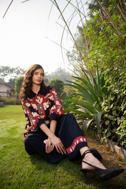 Cotton Poplin Oversized Co-Ord Set with Hand Brush Painted Design – Artistic Casual Wear for Women (Sizes 38 to 44)