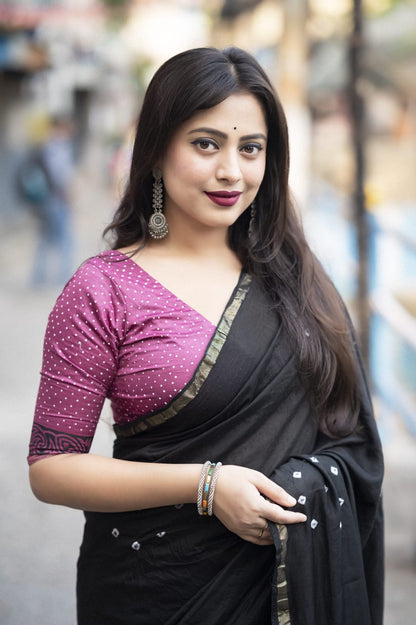 Chanderi Cotton Saree with Hand-Tied Bandhani and Block Printed Pallu – Festive Wear for Women