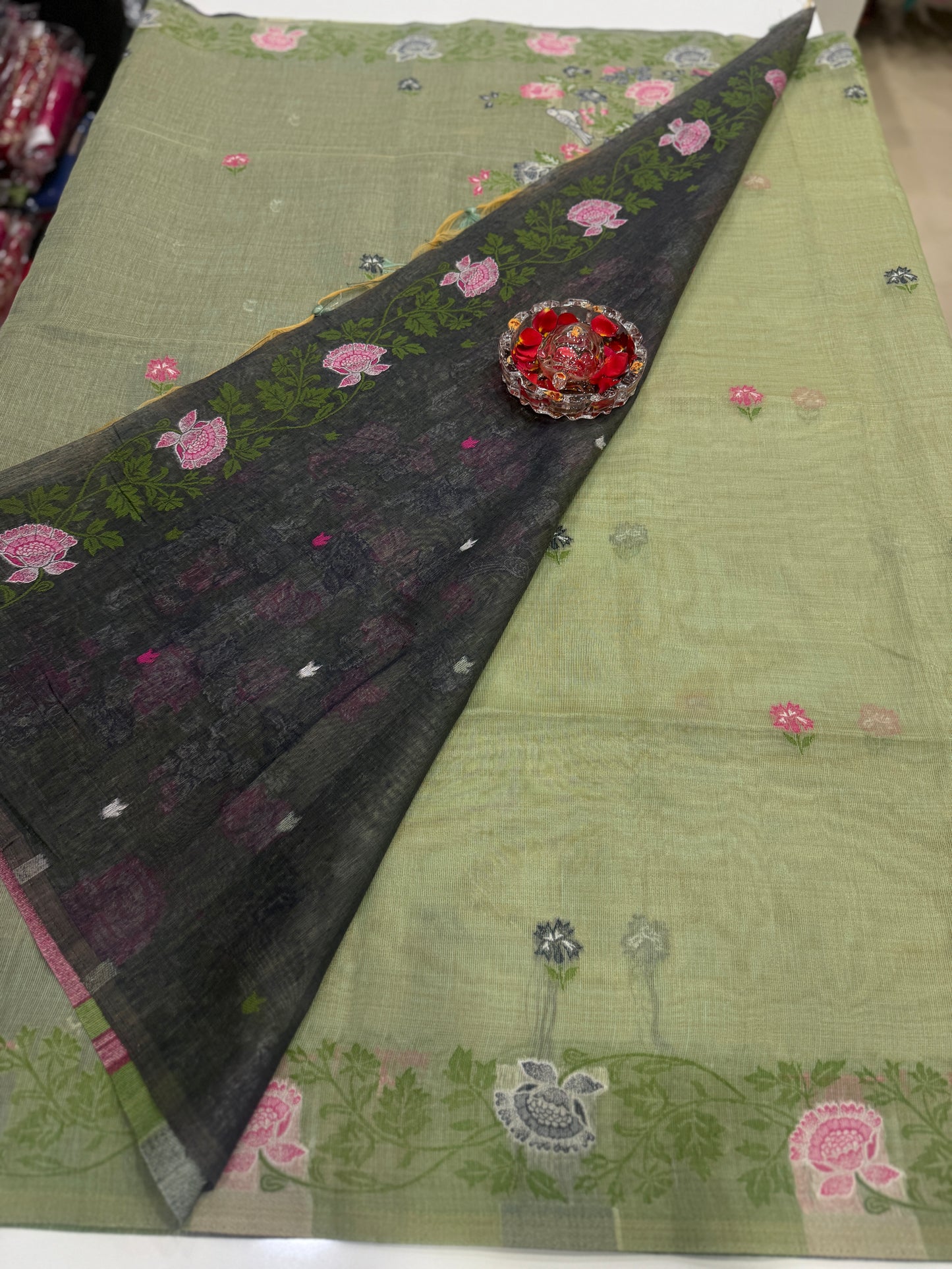 Tissue chanderi saree with floral border and tassel pallu, pastel printed saree for women