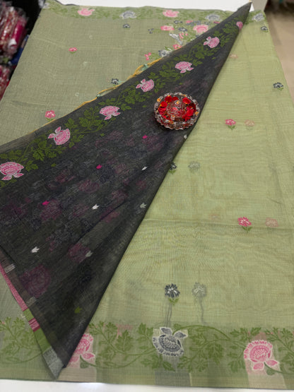 Tissue chanderi saree with floral border and tassel pallu, pastel printed saree for women