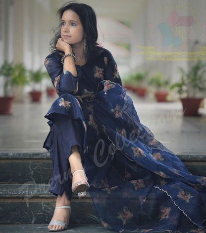 Digital Chanderi Kurti Pant Dupatta Set with Cotton Lining and Organza Dupatta – Sizes 36 to 44