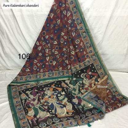 Mul Chanderi Cotton Saree with Kalamkari Print, Golden Zari Piping, and Batik Blouse – Ethnic Wear for Women