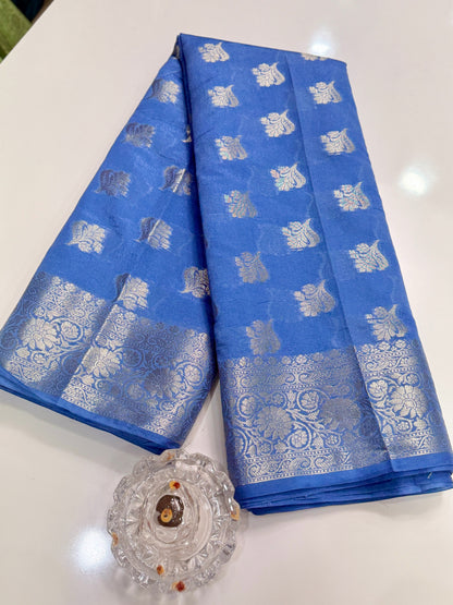 Semi Dupion Silk Saree with Zari Buta Motifs and Contrast Border for Women