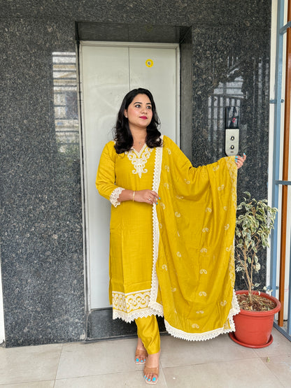 Mustard Roman Silk Kurta Set with Off-White Applique Work and Dupatta – 3-Piece Ethnic Set for Women