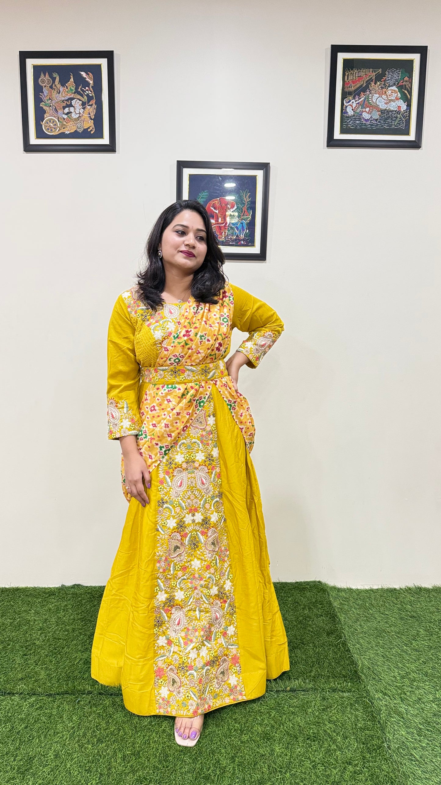 Real Chinon Silk Embroidered Ethnic Gown with Cancan and Tassel Detailing – Free Size Stitched