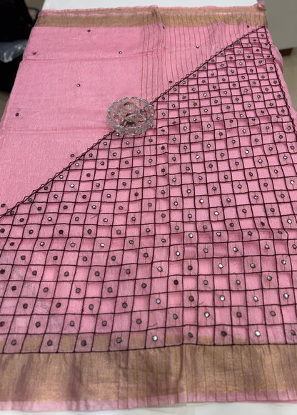 Pure Tissue 150 Count Linen Handloom Saree with Handwork and Running Blouse for Women