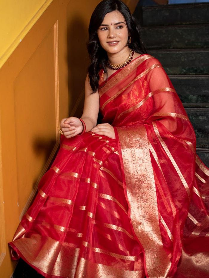 Kanchipuram Organza Jacquard Full Worked Saree with Raw Silk Organza Running Blouse