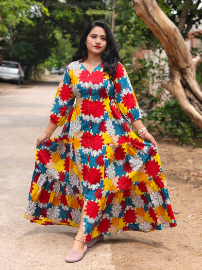 Radiant Blooms Cotton Flared Dress with Multi-Color Floral Panels – Casual & Occasion Wear