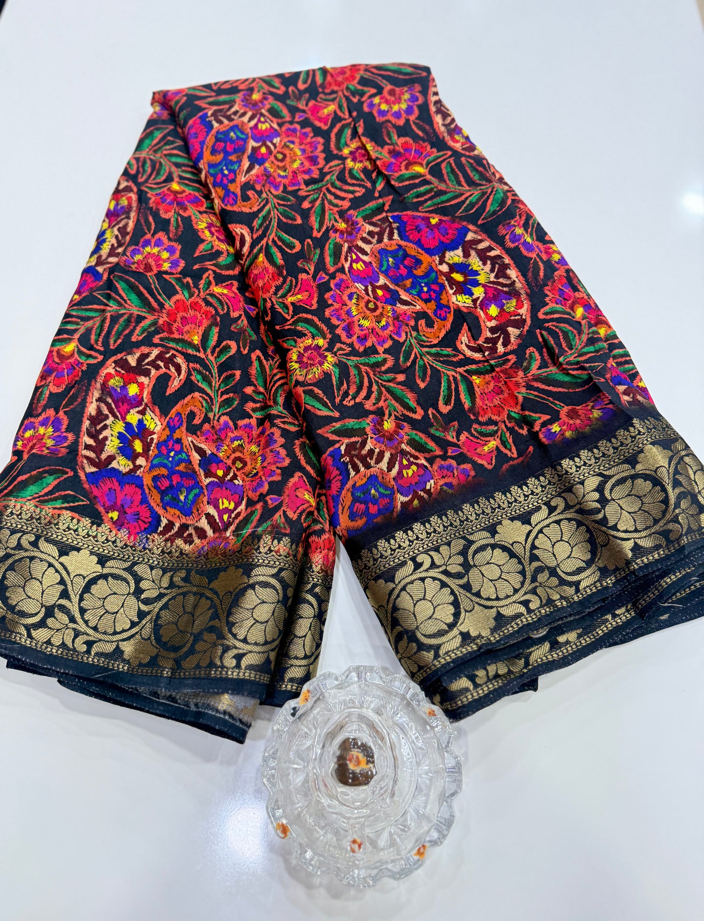 Pure Viscose Crepe silk saree with digital floral print and woven zari border for women