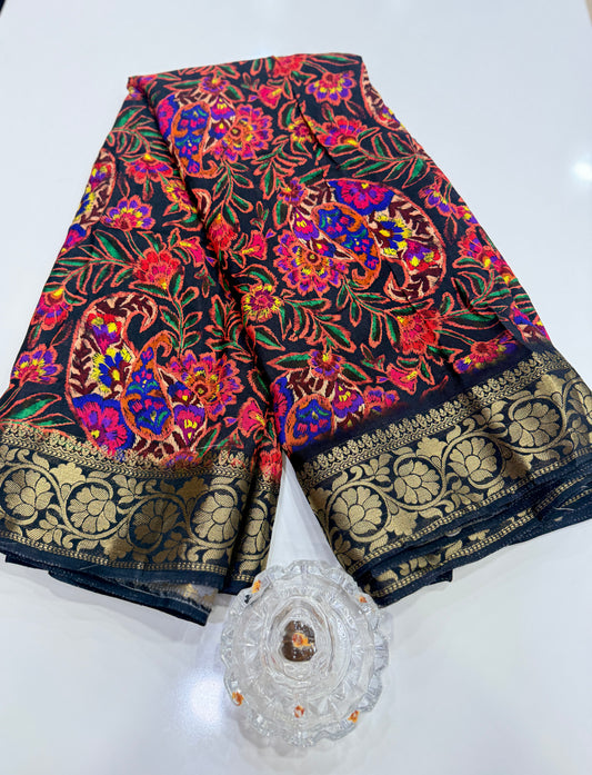 Pure Viscose Crepe silk saree with digital floral print and woven zari border for women