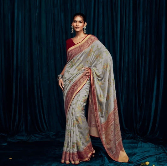 Soft Brasso Printed Saree with Fancy Border, Tassel Pallu and Work Blouse for Women – Party and Festival Wear