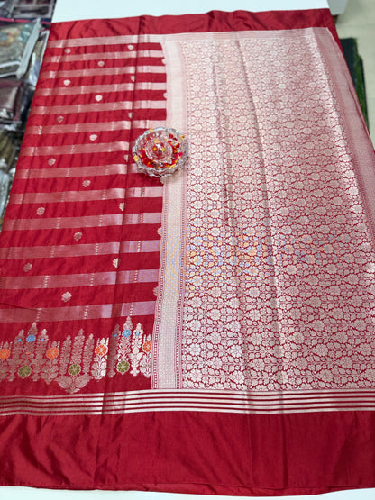 Banarasi Semi Katan Silk Saree with Meenakari Satin Border and Gold Zari Weaving – Traditional Festive Saree for Women