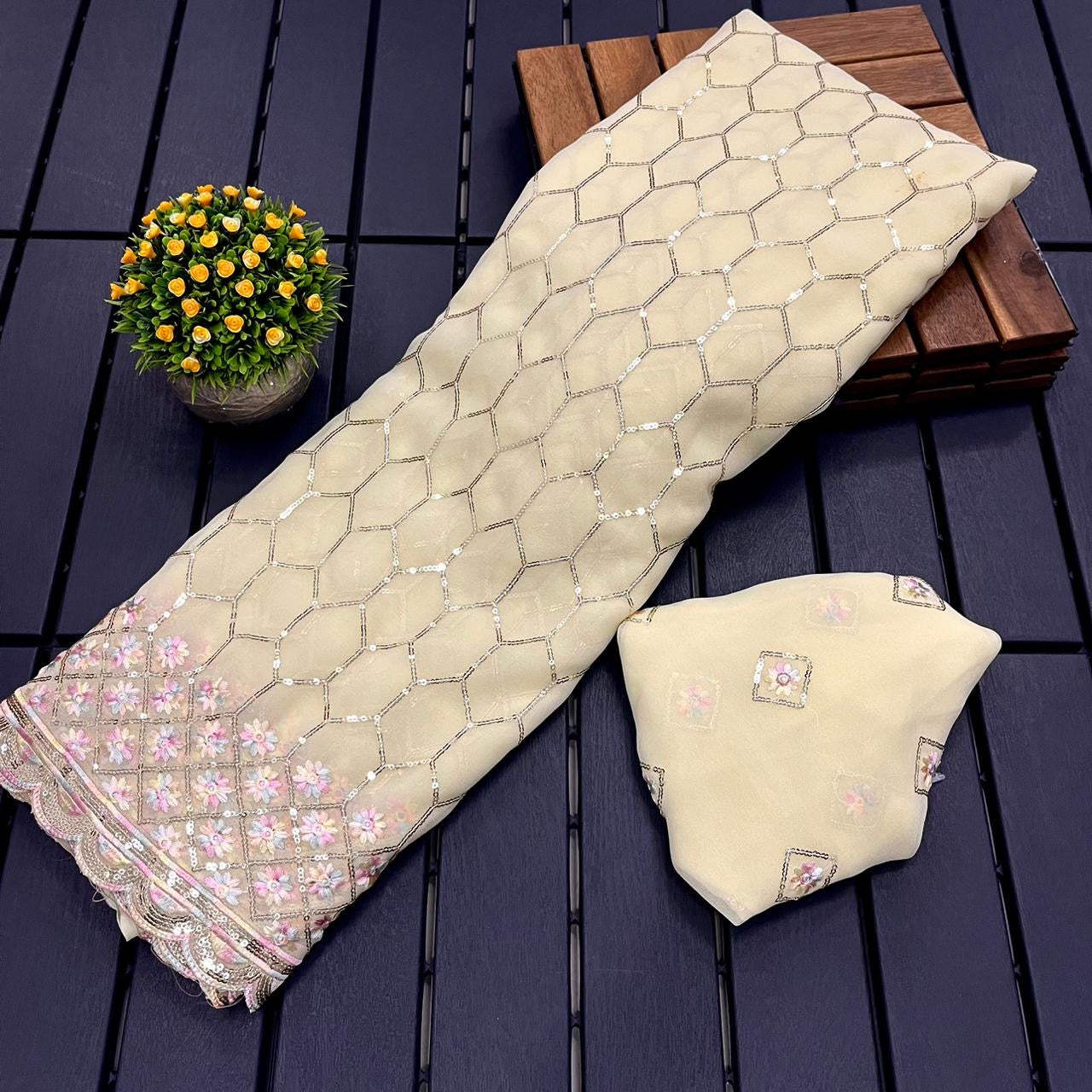 Women’s Pure Georgette Saree with Multi-Sequence Design, Viscose Border and Matching Blouse