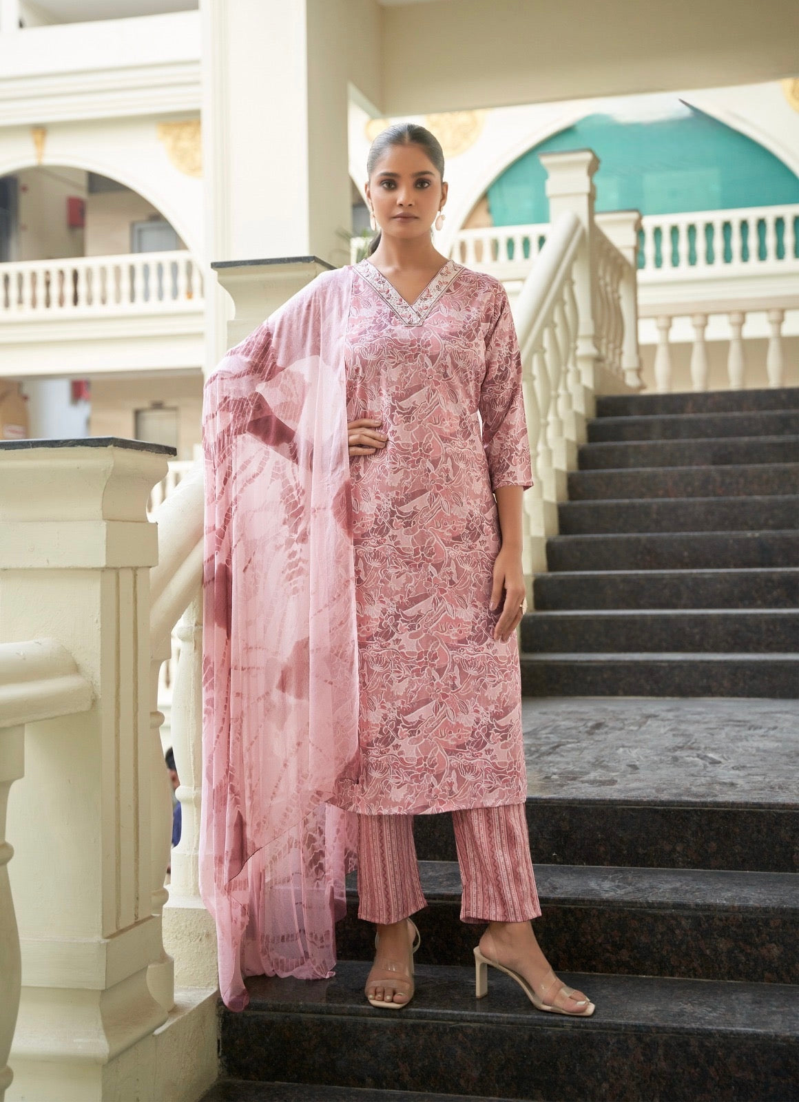 Bamboo Fabric Dobby Foil Print Straight Cut Kurta Pant Dupatta Set with Embroidery – Sizes XL to 3XL