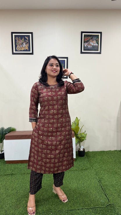 Pure Muslin Kurti Pant Set for Women with Golden Print | Elegant Daily & Festive Wear