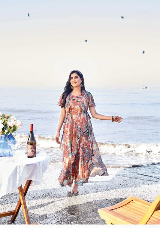 Viscose Chiffon Digital Printed Dress with Fancy Brooch – Autumn Breeze Collection for Women