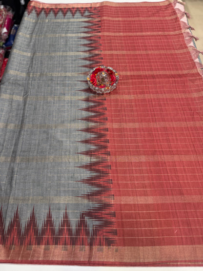 Semi Tussar Silk Saree with Contrast Border and Tassel Pallu for Women