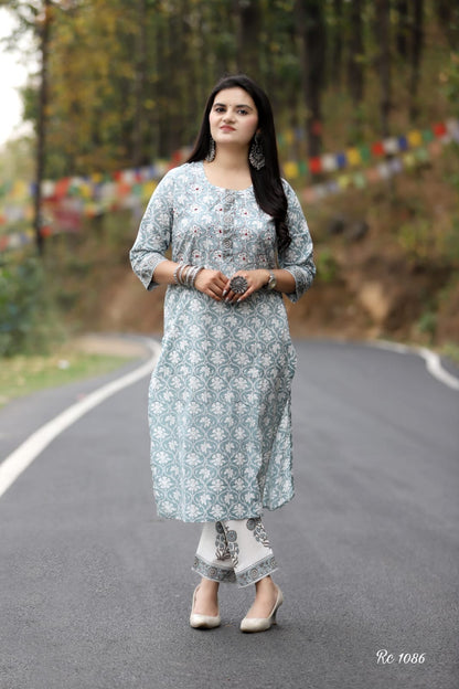 Cotton Straight Suit with Handblock Print and Katha Embroidery – Kurta Pant Dupatta Set for Women