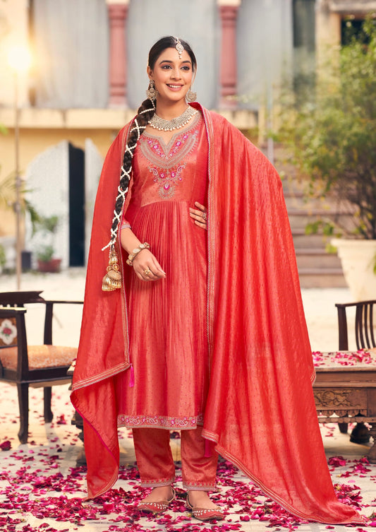 Silk Three-Piece Suit Set with Fancy Work and Ivory Print for Women – Sizes XL to 3XL