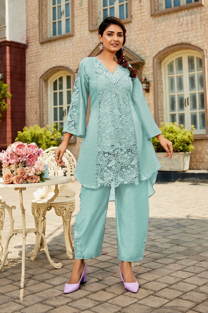 Linen Western Co-Ord Set for Women with Mirror Work and Cotton Lace