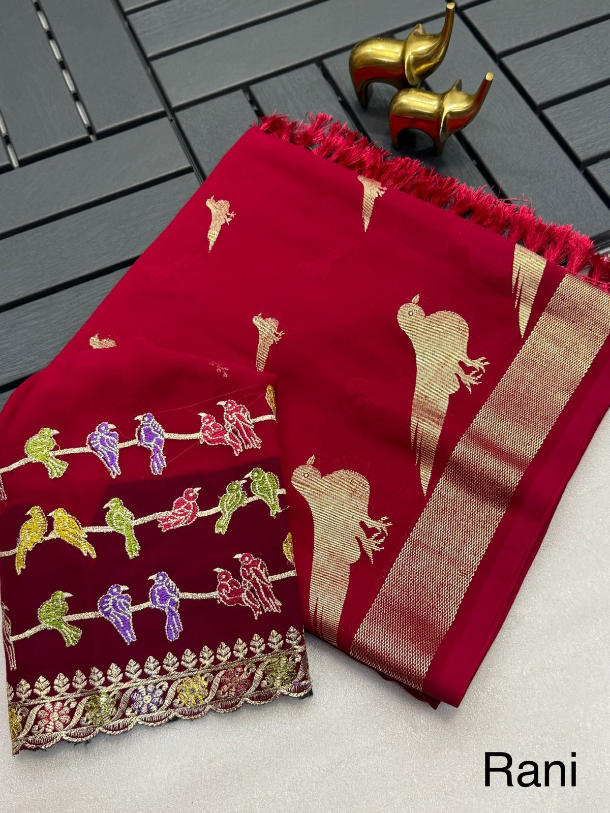 Georgette Foil Print Saree with Zalar Pallu and Embroidered Blouse for Women – Festive Wear
