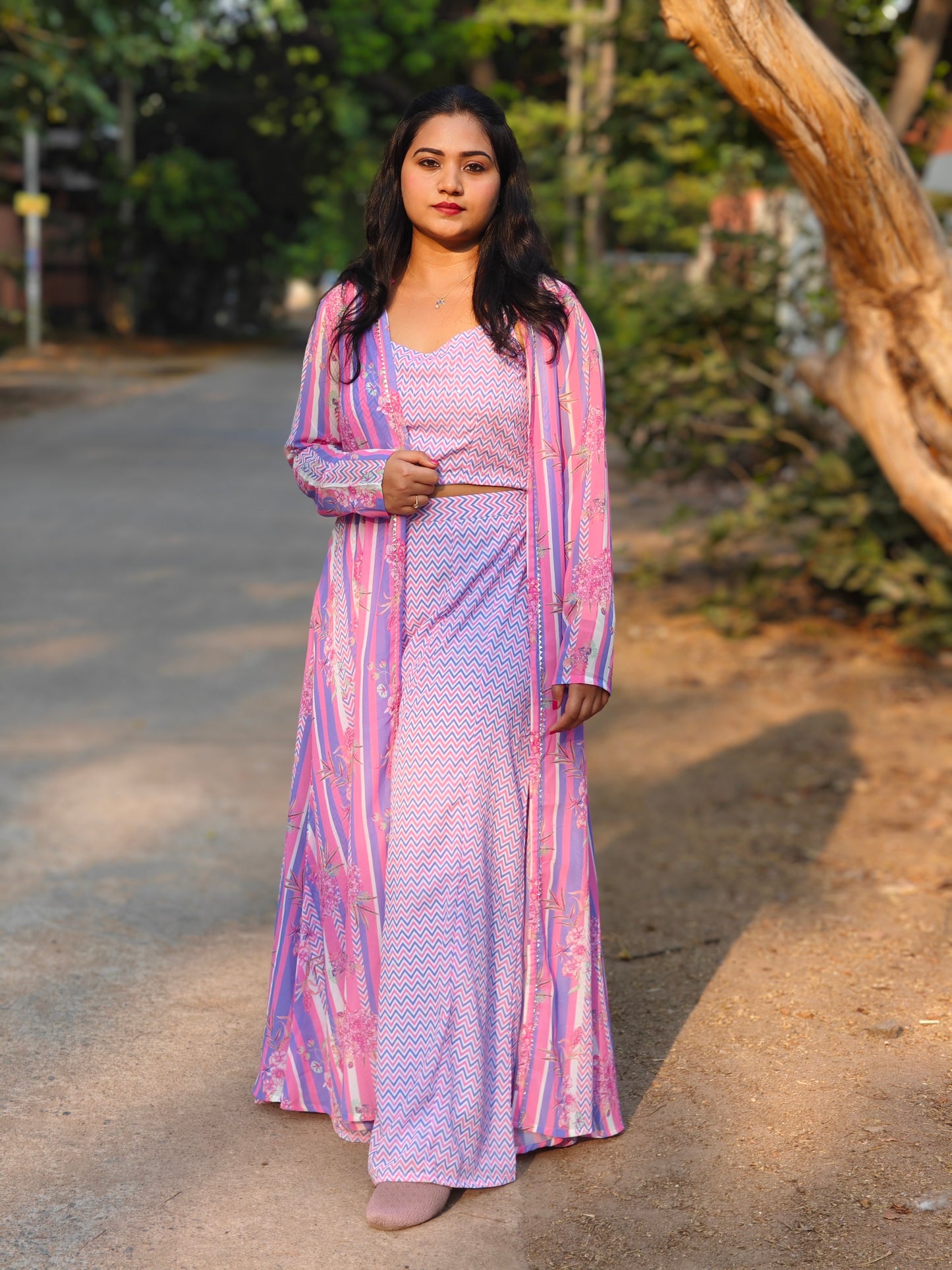 Women’s Georgette Chevron Print 3-Piece Set with Jacket – Sizes L, XL & 2XL