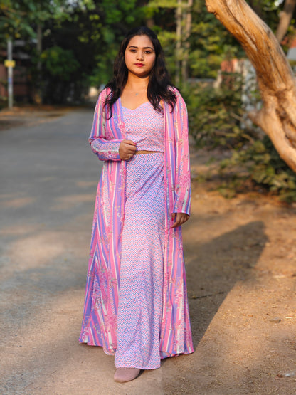 Women’s Georgette Chevron Print 3-Piece Set with Jacket – Sizes L, XL & 2XL