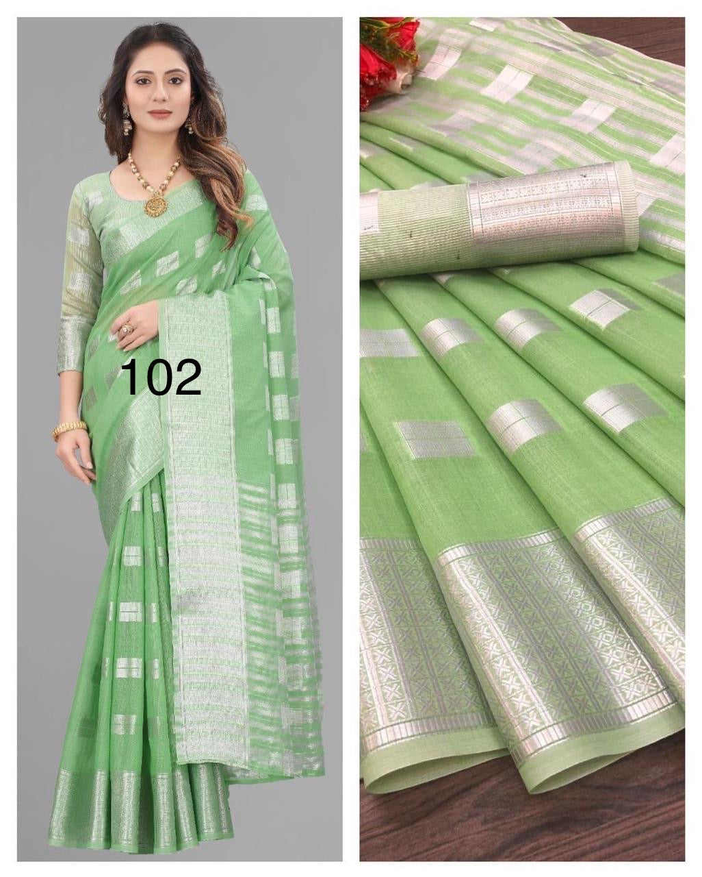 Linen Silk Saree with Silver Zari Weaving and Contrast Blouse – Festive and Wedding Wear