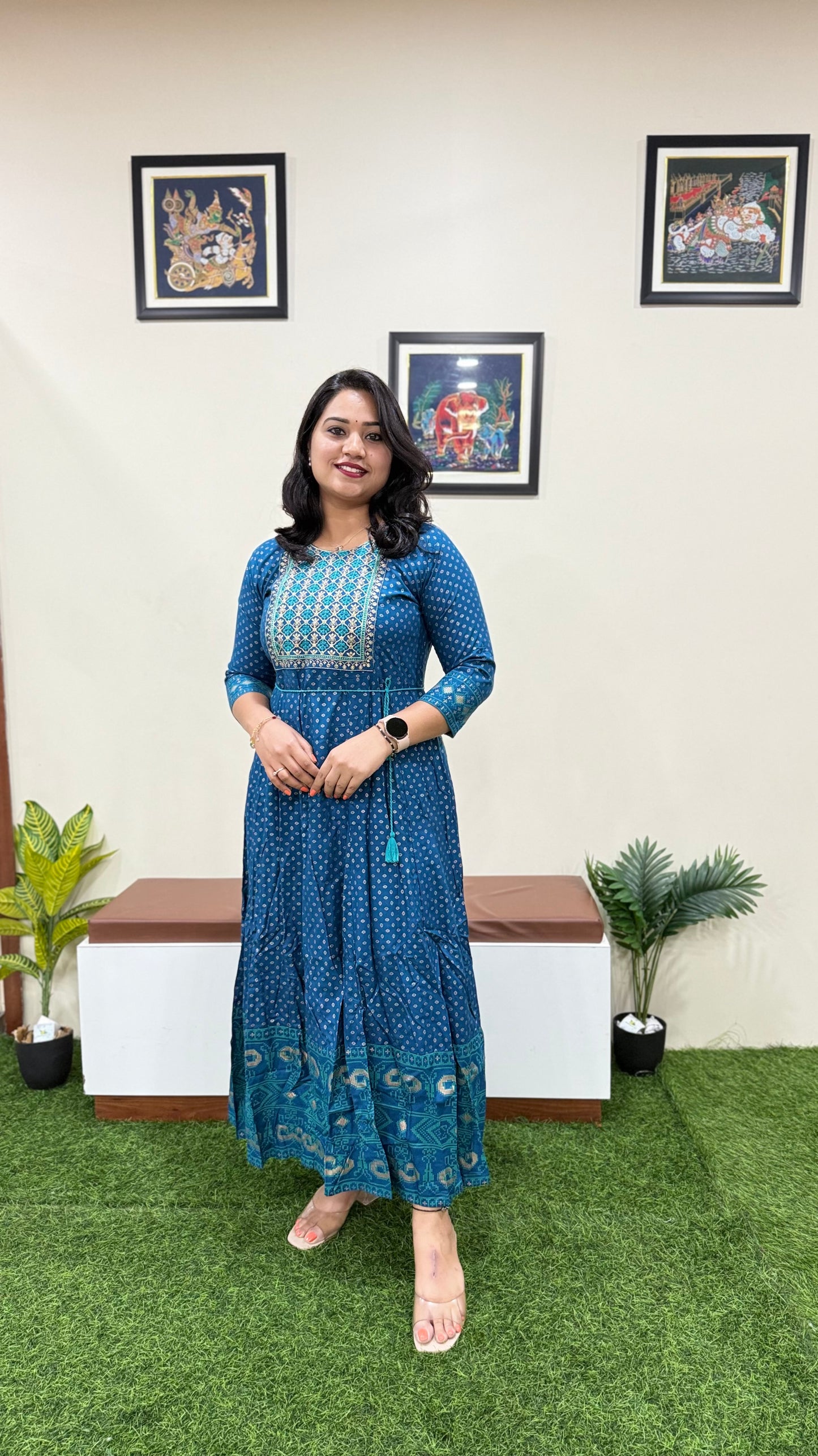 Rayon Foil Print Anarkali Gown with Embroidered Neck and Belt – Liva Tag – Sizes M to 3XL