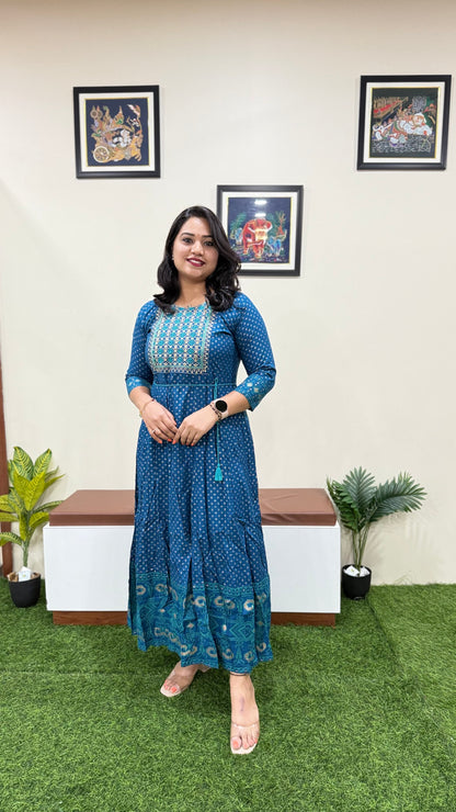 Rayon Foil Print Anarkali Gown with Embroidered Neck and Belt – Liva Tag – Sizes M to 3XL