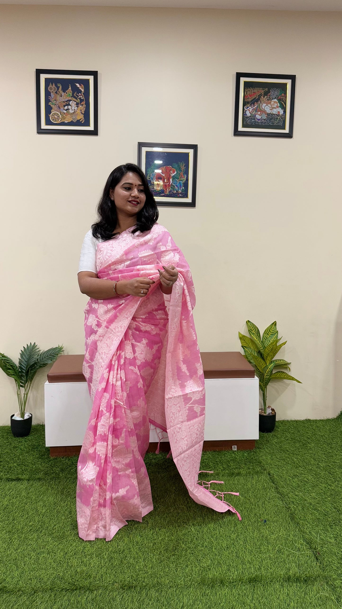 Pink Banarasi Linen Cotton Saree with Zari Floral Weaving and Contrast Pallu – Festive Wear