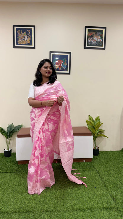 Pink Banarasi Linen Cotton Saree with Zari Floral Weaving and Contrast Pallu – Festive Wear