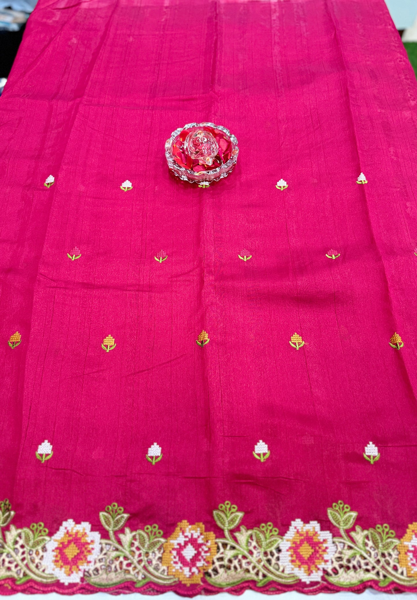 Matka Silk Saree with Embroidered Buttis, Cutwork Big Pallu, and All-Over Cutwork Panel