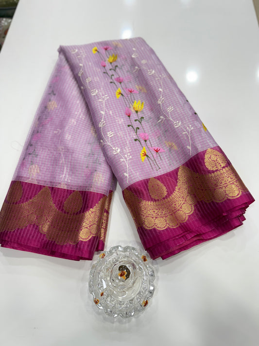 Banarasi handloom Kota check saree with mina embroidery, scalloped border and zari chit pallu