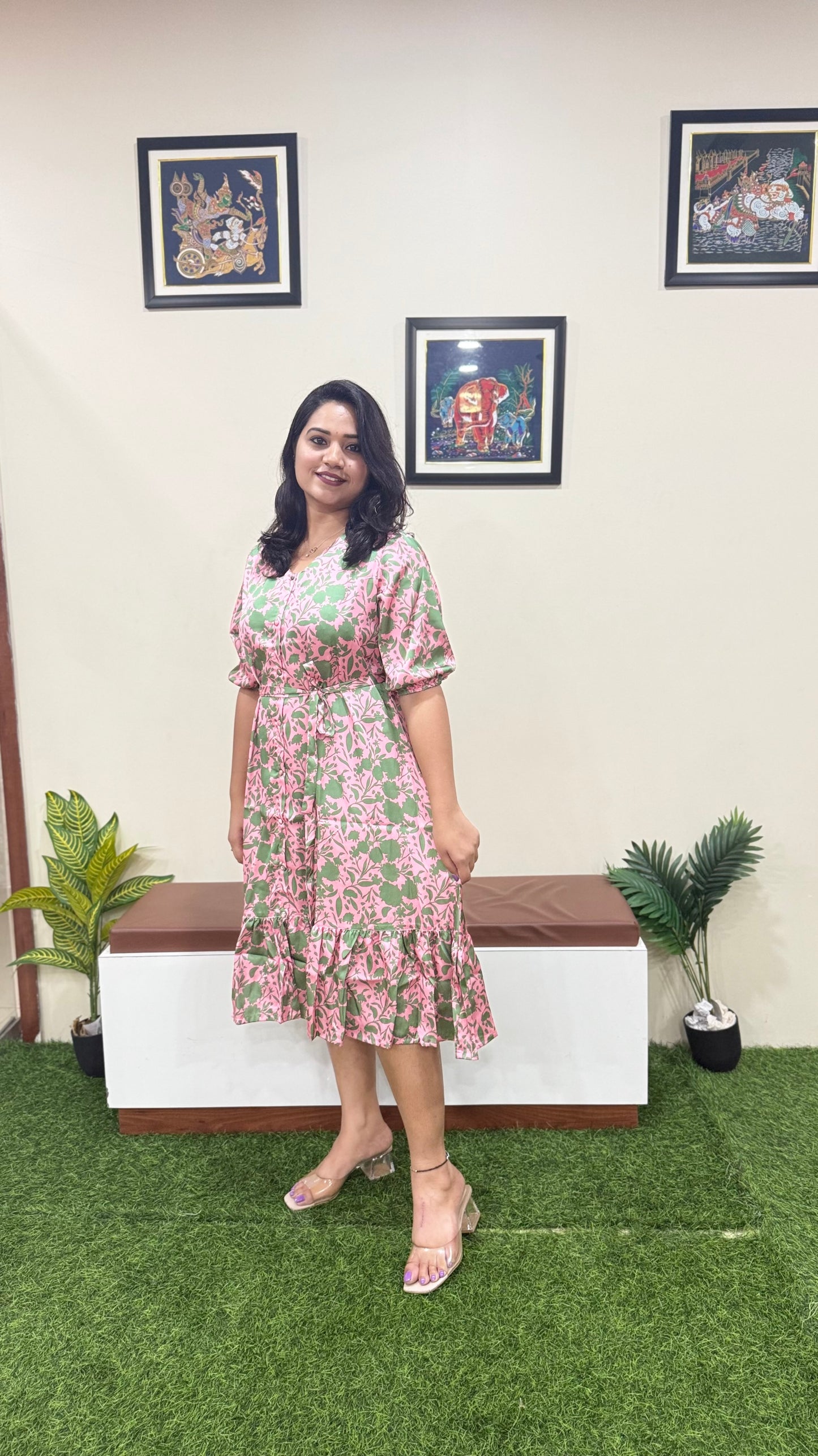 Satin Digital Floral Printed A-Line Midi Dress – Women’s Casual & Semi-Formal Wear (L to 2XL)