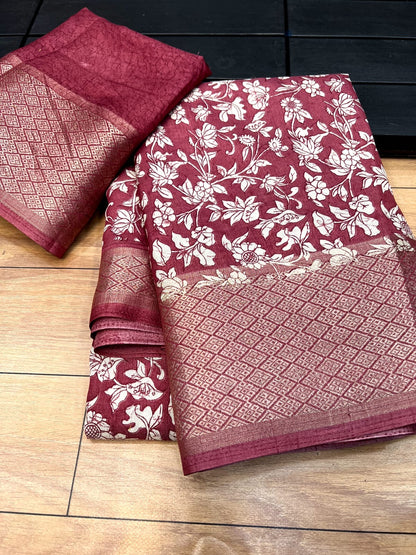 Women’s Printed Binni Crepe Silk Saree with Weaving Viscose Border and Matching Blouse