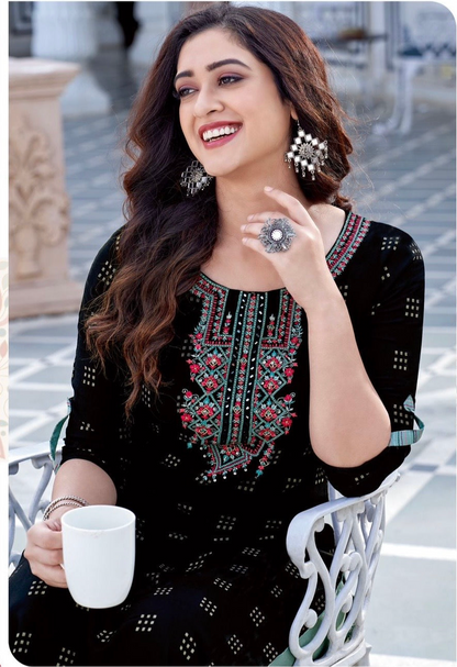 Rayon Printed Kurti with Embroidery and Handwork for Women – XL & XXL