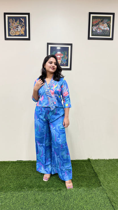 Designer Natural Crepe Digital Printed Crop Top with Divider for Women – Handwork Detailing