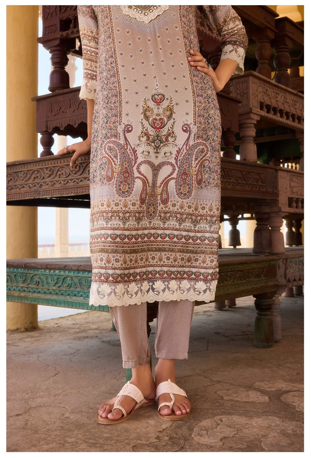 Digital Muslin Kurta Set with Moti Mirror Handwork, Shantoon Pant & Lace Dupatta – M to XXL