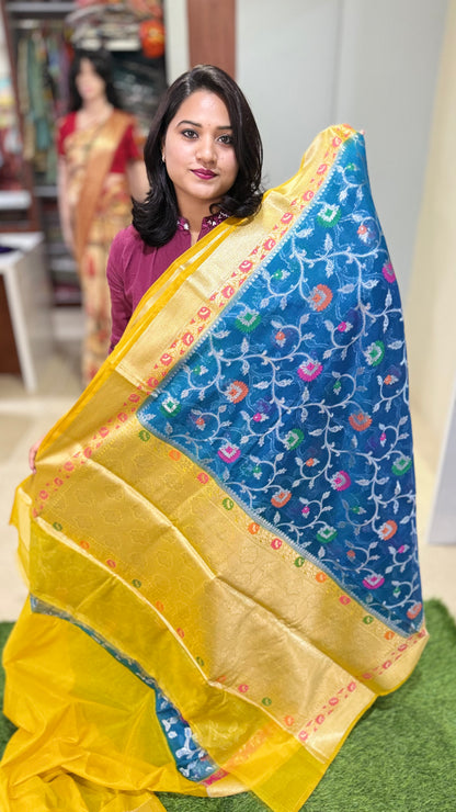 Banarasi Meenakari Georgette Silk Saree with Multi-Color Floral Weaving and Meena Border Blouse