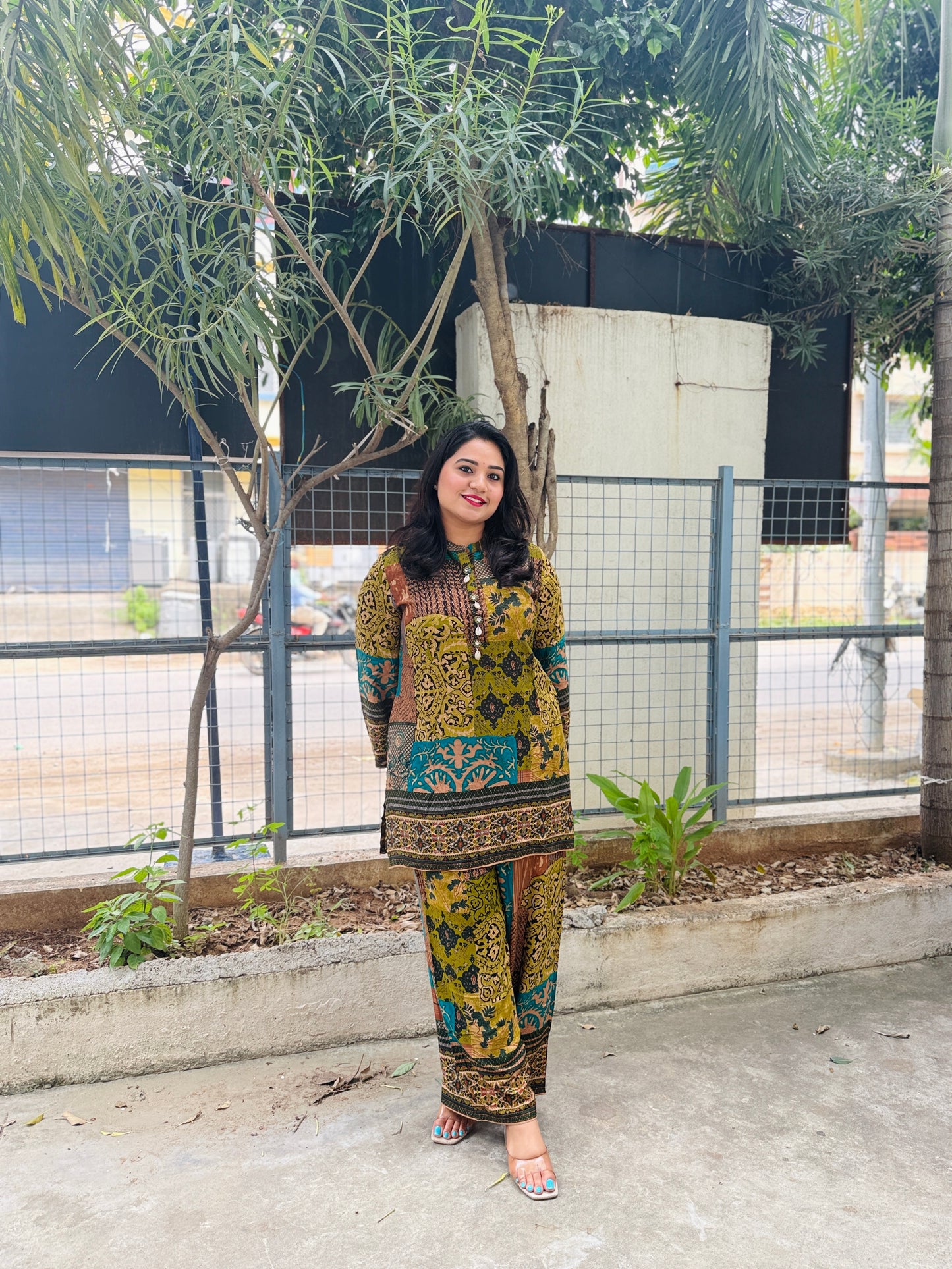 Pure Rayon Co-Ord Set with Floral Patch Digital Print, Kauri Buttons, and Flared Sleeves – Casual Fusion Wear for Women