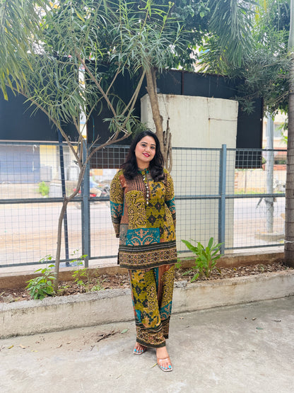 Pure Rayon Co-Ord Set with Floral Patch Digital Print, Kauri Buttons, and Flared Sleeves – Casual Fusion Wear for Women