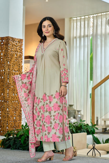 Cotton Kurta Pant Dupatta Set with Handcrafted Yoke Detailing for Women