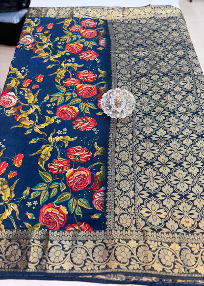 Pure Viscose Crepe silk saree with digital floral print and woven zari border for women