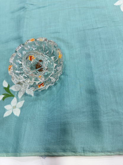 Aqua blue kora silk style viscose saree with woven detailing, tassel pallu and embroidered blouse fabric for women