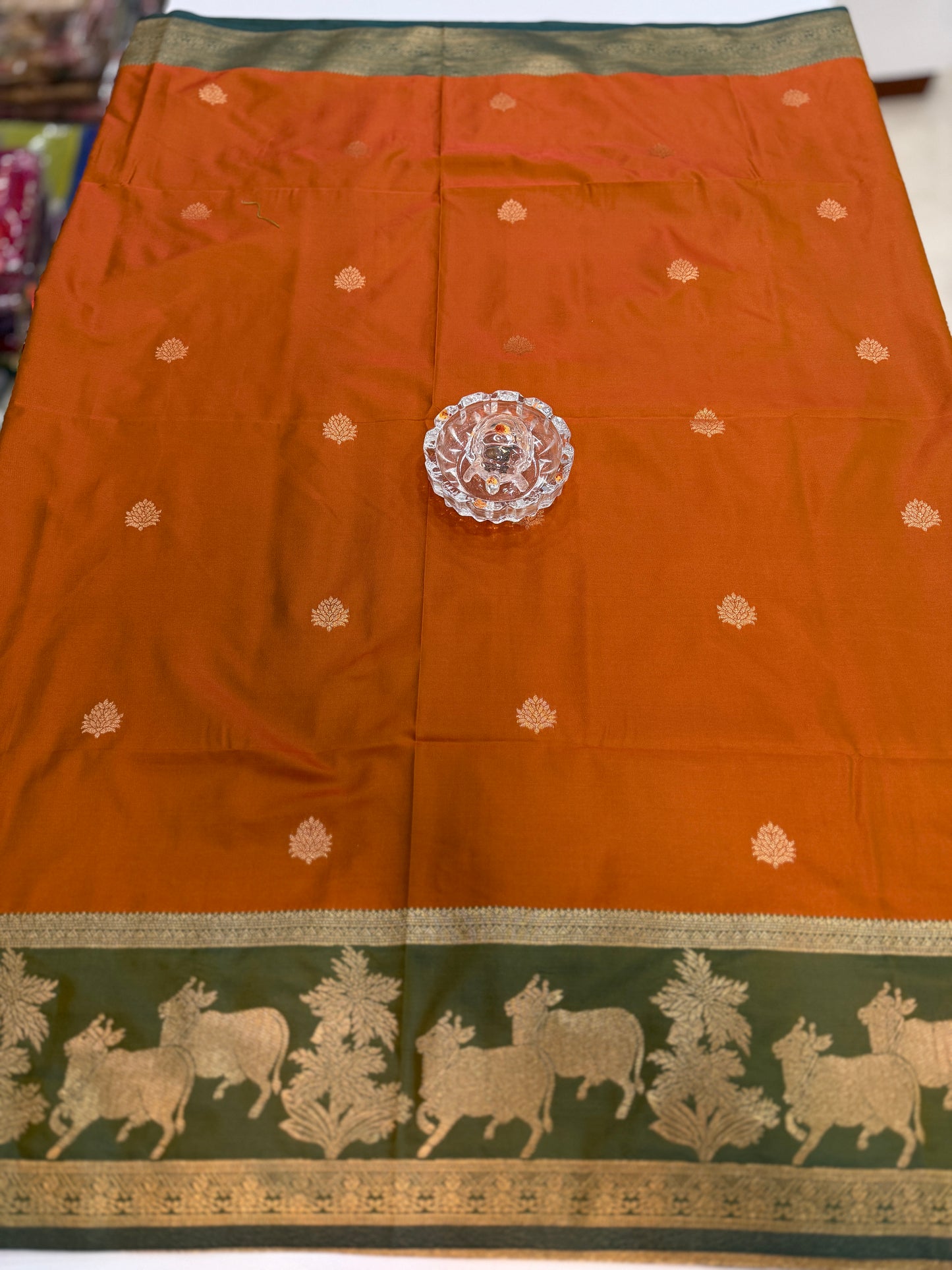 Handloom styled Silk Pichwai Saree with Woven Border and Contrast Blouse