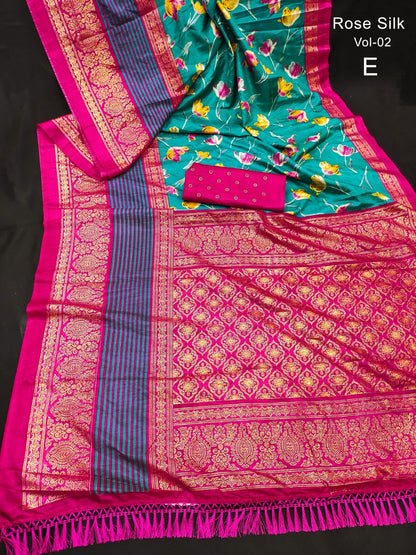 Dola Silk Saree with Kalamkari Patola Digital Print and Gold Zari Foil Border
